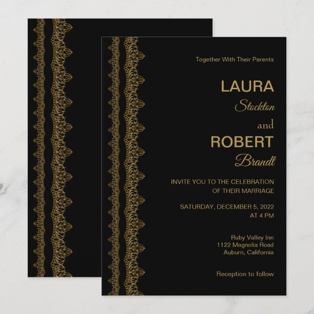 Faire-part de mariage frontalier Gold Art déco (Devant / Derrière)