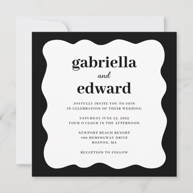 Faire-part de mariage frontalier moderne blanc noi (Devant)