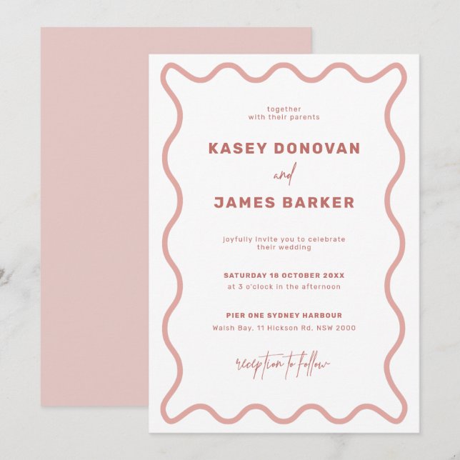 Faire-part de mariage frontalier rose et blanc (Devant / Derrière)