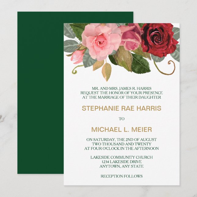 Faire-part de mariage frontalier rouge et rose (Devant / Derrière)
