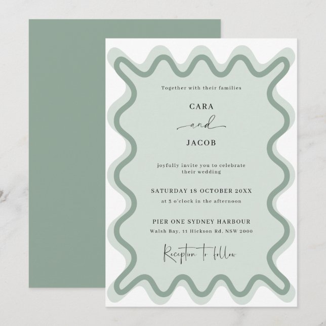 Faire-part de mariage frontalier Vague Vert Sage (Devant / Derrière)