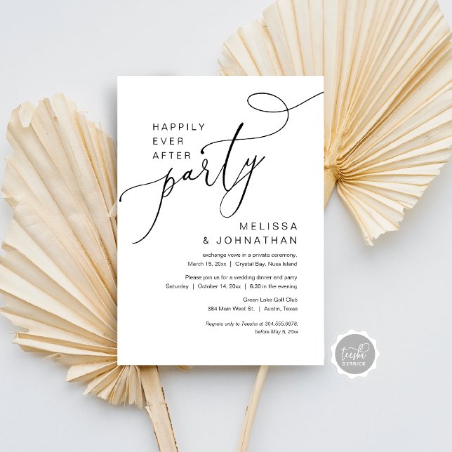 Faire-Part de Mariage Fuite en Amour et Fête de Ma (Happily Ever After Wedding Elopement Party Dancing Invitation Card, Modern Romantic Script, Download)