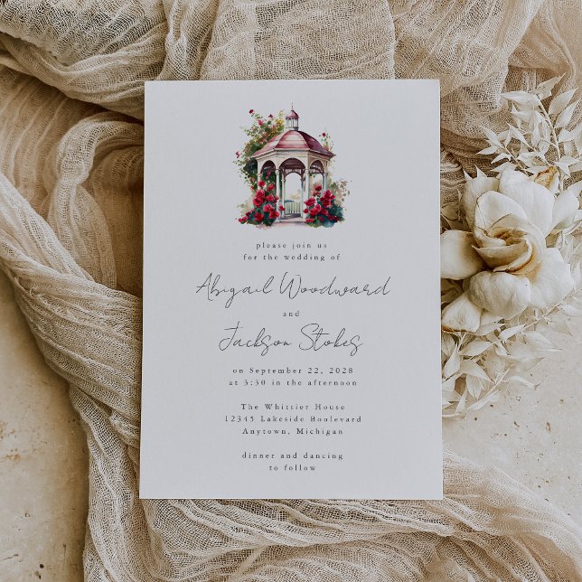Faire-part de mariage Gazebo à aquarelle rouge (An ideal choice for an outdoor spring, summer or fall wedding.)