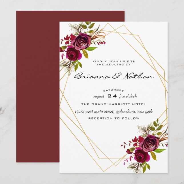 Faire-part de mariage géométrique de Bourgogne (Devant / Derrière)