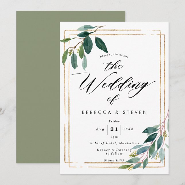 faire-part de mariage géométrique de verdure d'or (Devant / Derrière)