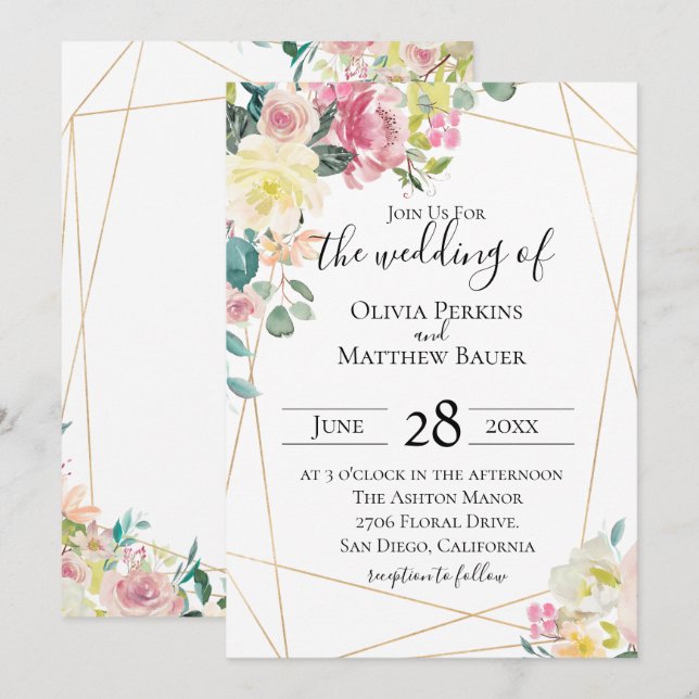 Faire-part de mariage géométrique en floraison (Devant / Derrière)