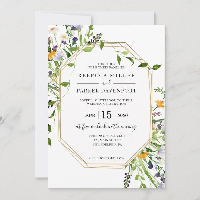 Faire-part de mariage géométrique fleur sauvage et (Devant)