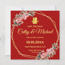 Faire-part de mariage géométrique floral rouge chi