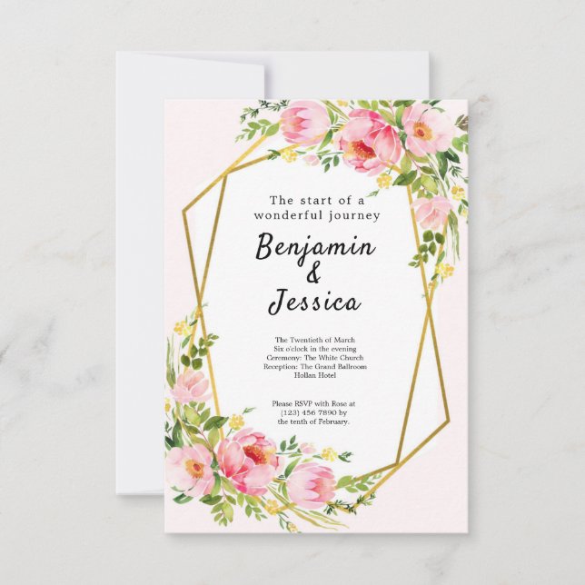 Faire-part de mariage géométrique florale rose et  (Devant)