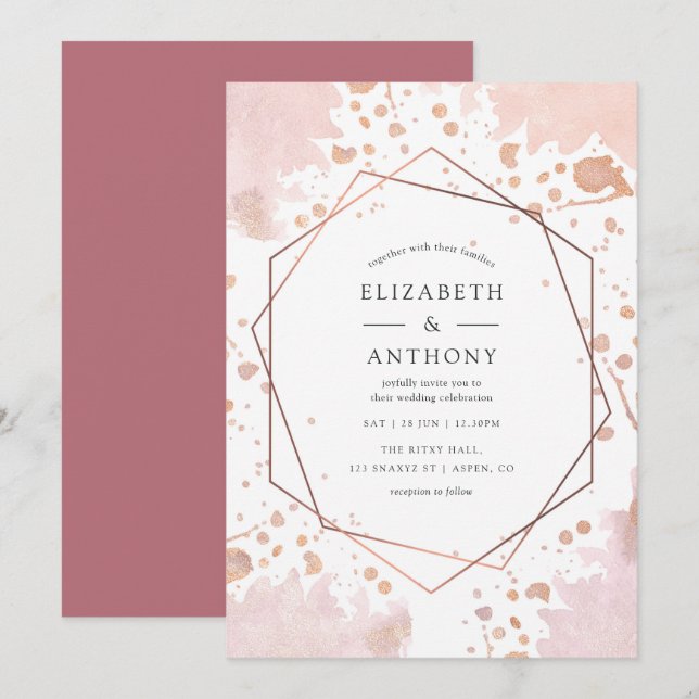 Faire-part de mariage géométrique rose Gold et Blu (Devant / Derrière)