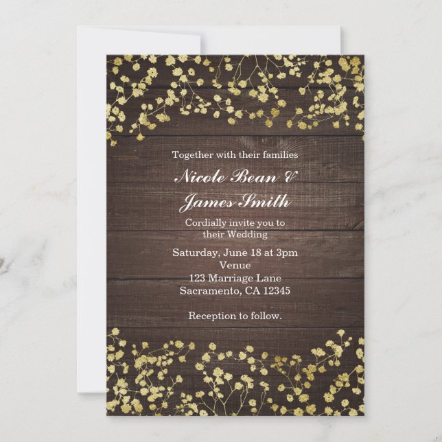 Faire-part de mariage Gold Baby's Breath Dark Wood (Devant)
