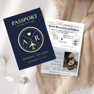 Faire-part de mariage Gold et Navy Blue Passport