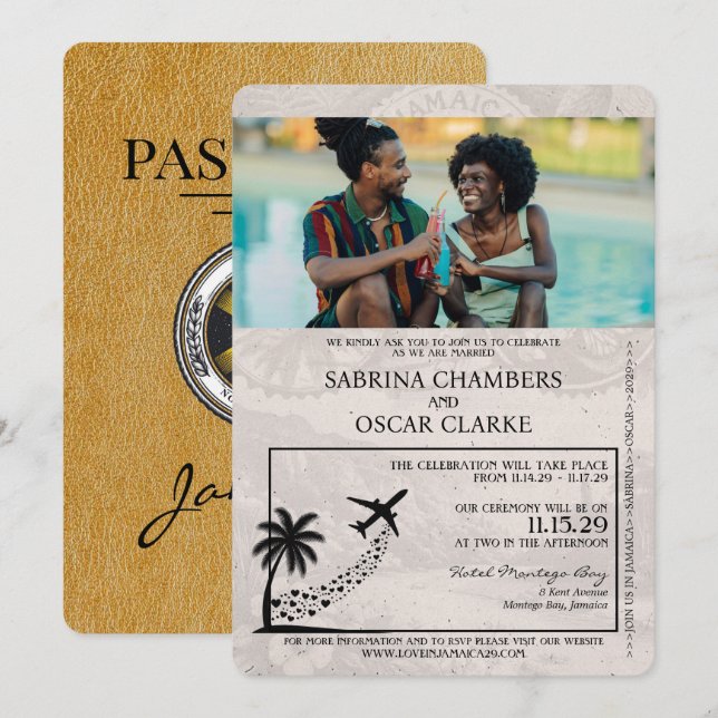 Faire-part de mariage Gold Jamaica Passport (Devant / Derrière)