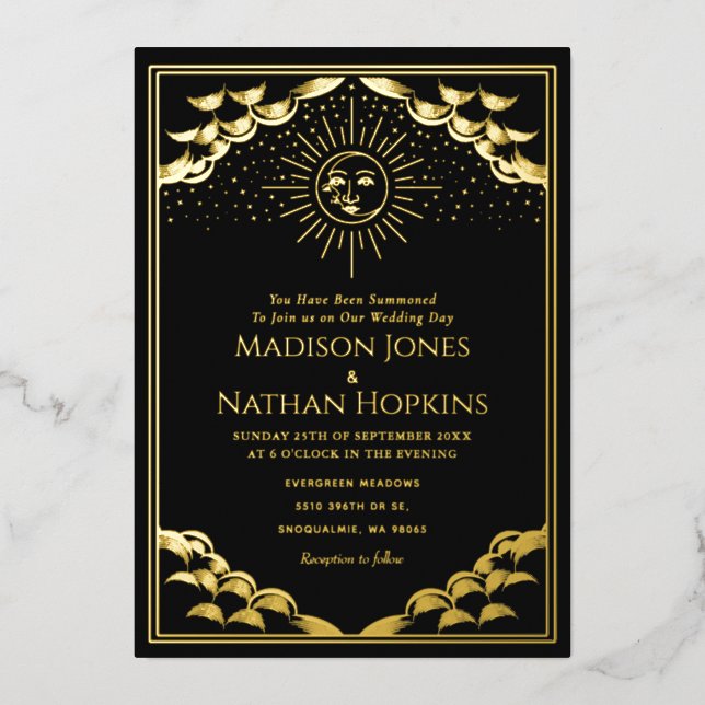 Faire-part de mariage Gold Sun et Moon Tarot Card (Recto)