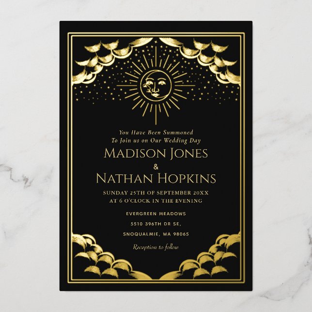 Faire-part de mariage Gold Sun et Moon Tarot Card (Recto)
