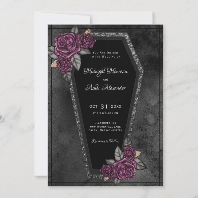 Faire-part de mariage gothique avec cercueil et ro (Devant)