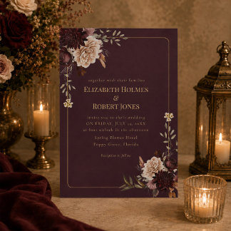 Faire-part de mariage gothique floral bordeaux