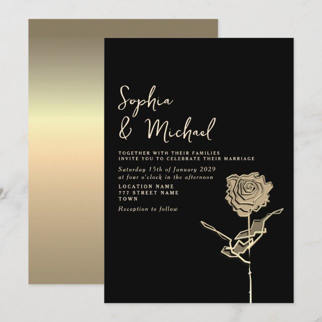 Faire-part de mariage gothique noir et or (Devant / Derrière)