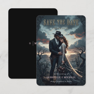 Faire-part de mariage gothique western cowboy hume