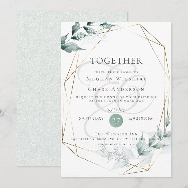 Faire-part de mariage | Grayed Jade Green Botanica (Devant / Derrière)