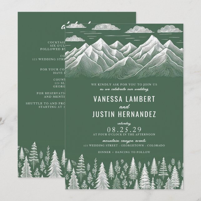 Faire-part de mariage Green Mountain avec détails (Devant / Derrière)