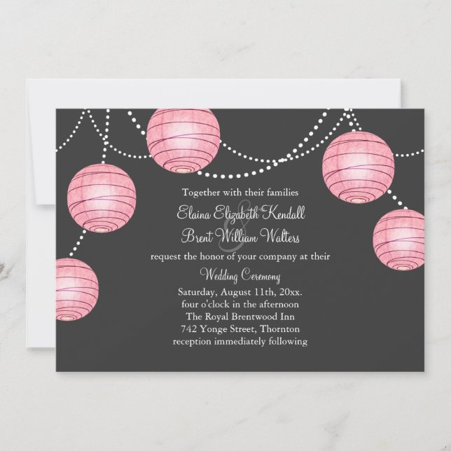 Faire-part de mariage gris et rose de lanternes de (Devant)