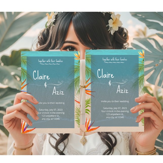 Faire-part de mariage gris tropical avec palmiers (Créateur téléchargé)