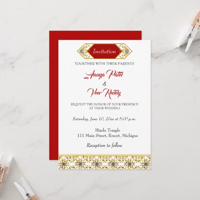 Faire-part de mariage hindoue indienne (Devant/Arrière en situation)