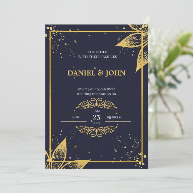 Faire-part de mariage indien : Bleu foncé et or (Debout devant)