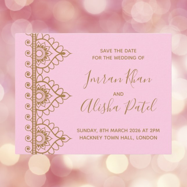 Faire-part de mariage indien de Henna Desi en or r (Pink Gold Henna Desi Indian Wedding Invitation
)