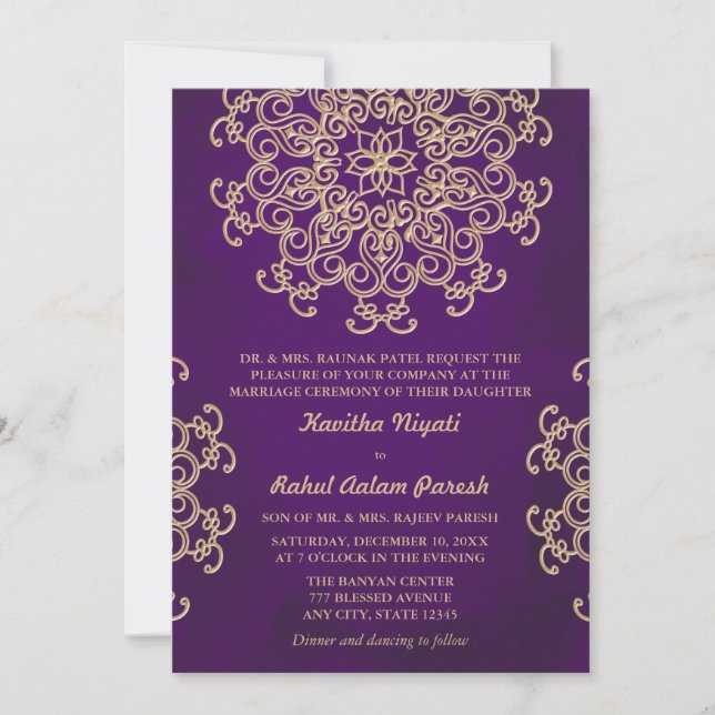 Faire-part de mariage indien de style violet et or (Devant)