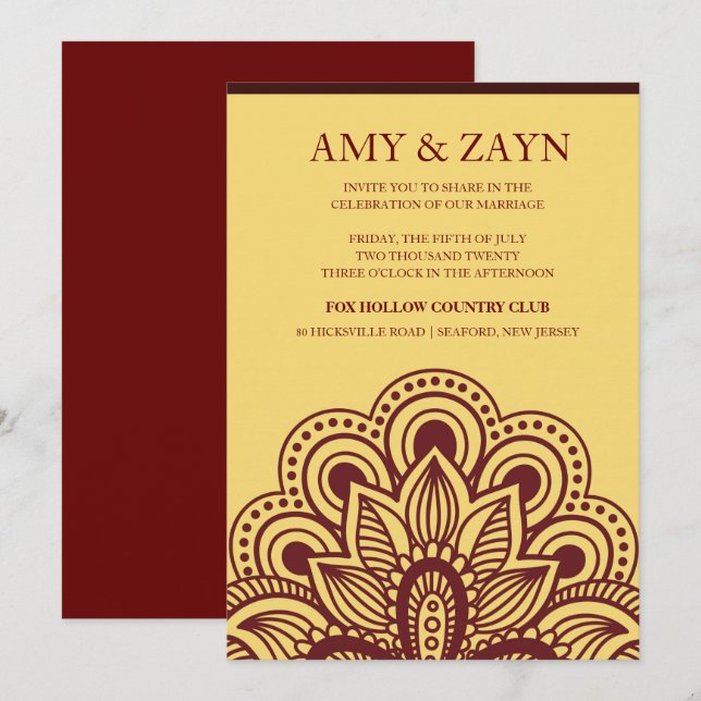 Faire-part de mariage indien d'or et de Bourgogne (Devant / Derrière)