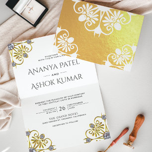 Faire-part de mariage indien Mandala blanc et or