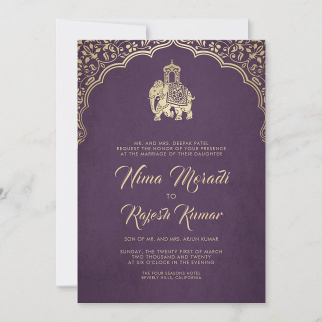 Faire-part de mariage Indien, Violet, Or, Ganesha (Devant)