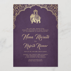 Faire-part de mariage Indien, Violet, Or, Ganesha
