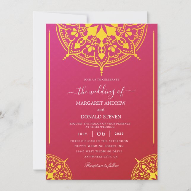 faire-part de mariage indienne rouge et jaune (Devant)