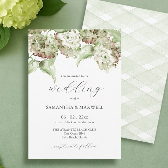 Faire-part de mariage informel à l'hydrangea vert (Informal wedding invitations watercolor green hydrangeas by Victoria Grigaliunas of Do Tell A Belle)