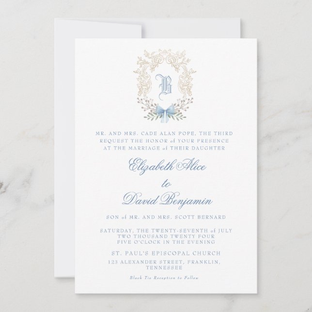 Faire-part de mariage initiale en bleu crête (Devant)