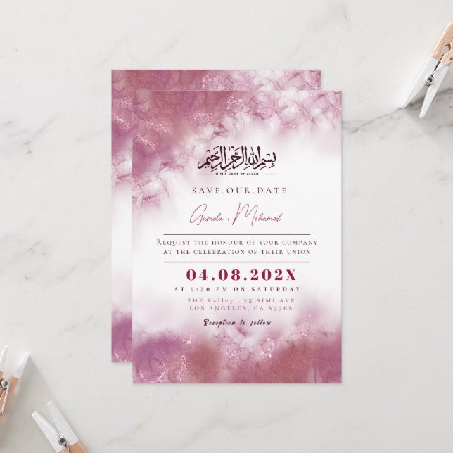 Faire-part de mariage islamique en marbre personna (Devant/Arrière en situation)