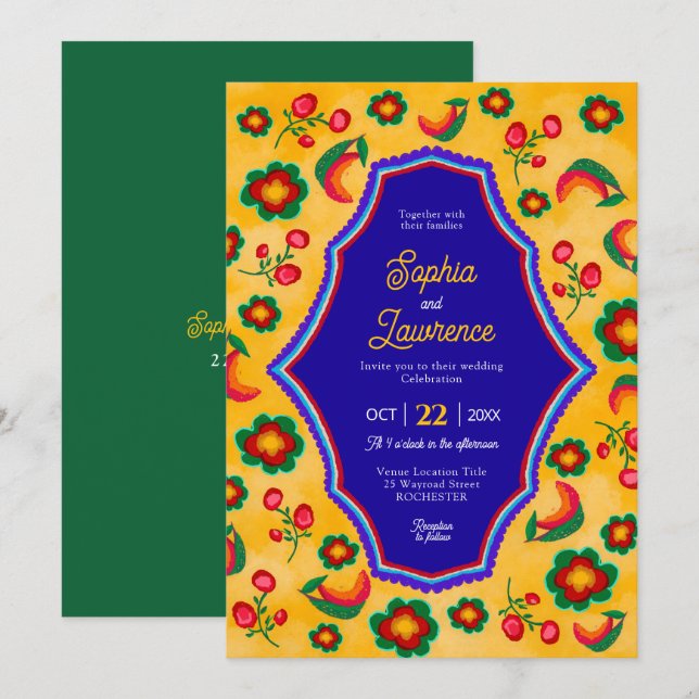Faire-part de mariage jaune mexicain (Devant / Derrière)