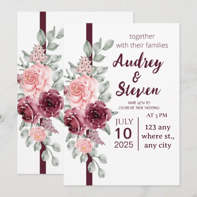 Faire-part de mariage Ligne Magenta Ruban Floral (Devant / Derrière)