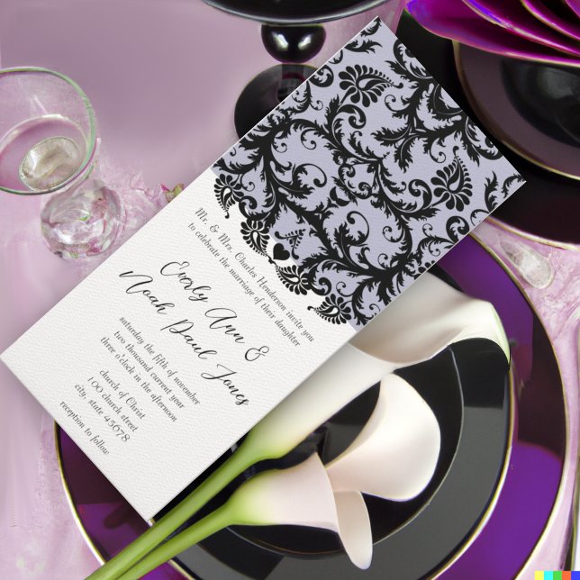 Faire-part de mariage Lilac Trim noir Damask (Créateur téléchargé)