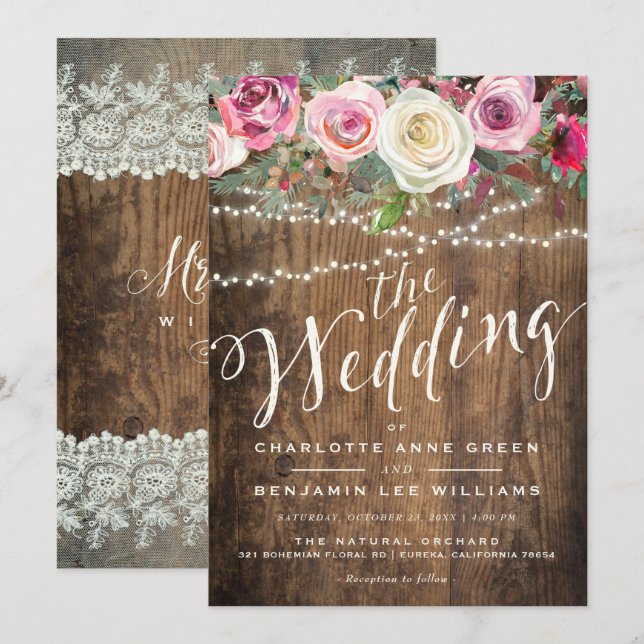 FAIRE-PART DE MARIAGE| Lumières florales en bois r (Devant / Derrière)