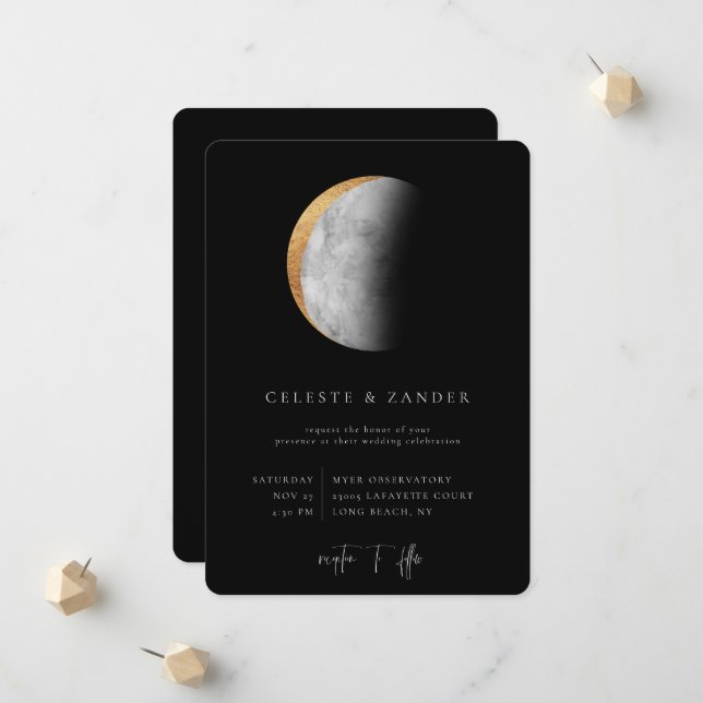 Faire-part de mariage Lune dorée (Devant/Arrière en situation)