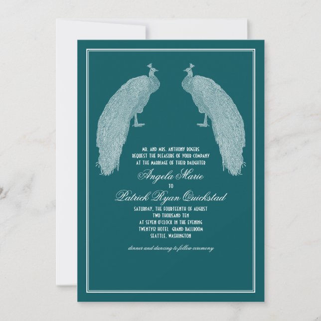Faire-part de mariage majestueux de paons (Devant)