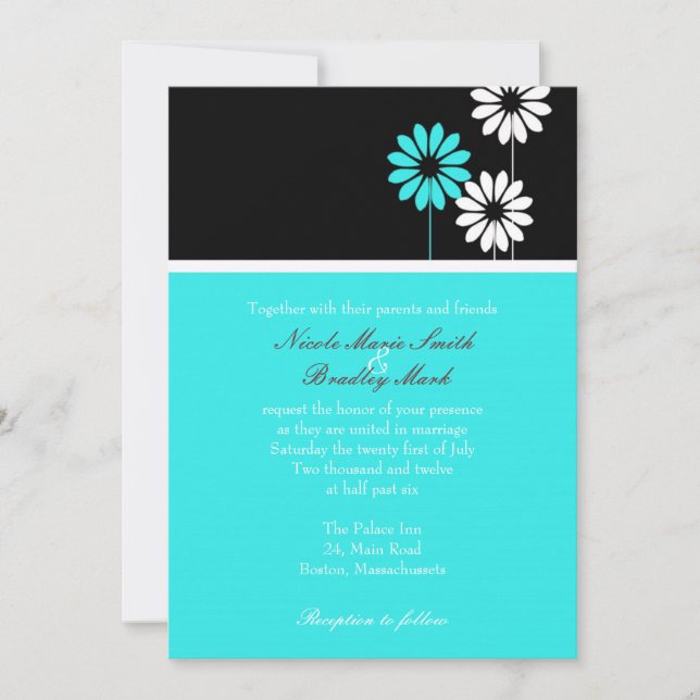 Faire-part de mariage marguerite noir et turquoise (Devant)