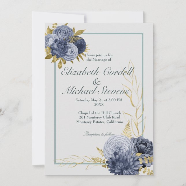 Faire-part de mariage mariage Flat Dusty Blue Gold (Devant)