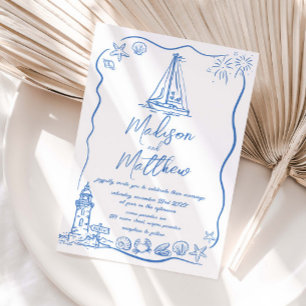 Faire-part de mariage marin et plage avec dessins 