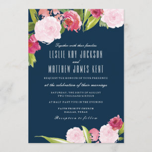 FAIRE-PART DE MARIAGE MARINE ET ROSE AVEC FLEURS