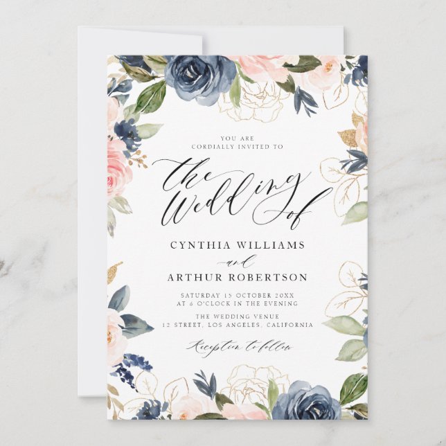 faire-part de mariage marine et roses roses rousse (Devant)